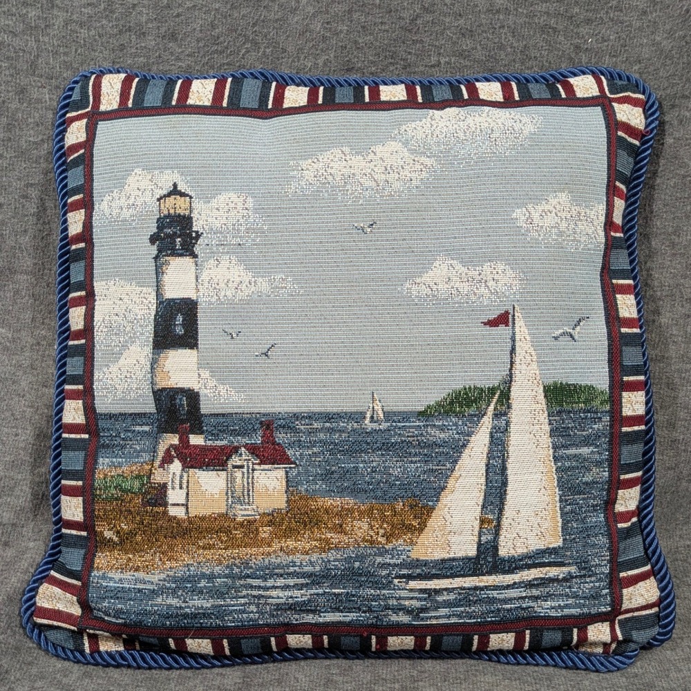 Tapestry Throw Accent Pillow Ocean Lighthouse Sailboat Nautical Square 17 x 17